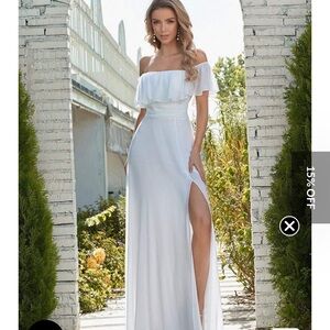 Ever Pretty White Off-Shoulder Ruffle Maxi Dress with Side Slit